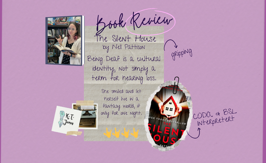Purple-Pink background with KT James image on the top Left, a sheet of paper with quotes, the image of the book in the bottom right and the "ILY" stars for the rating