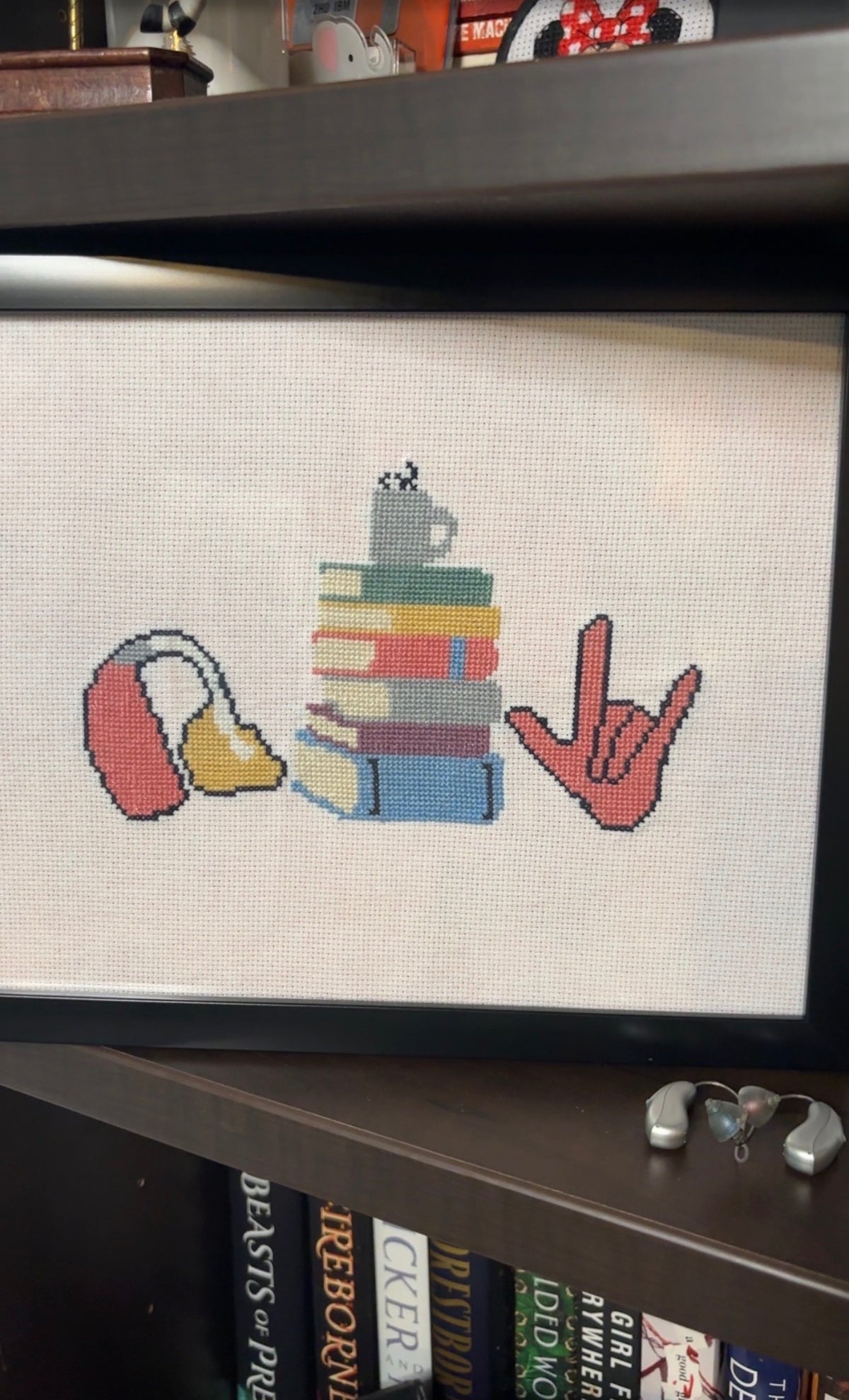 Hearing Aid, BookStack, and ASL "I Love You" Cross-stitch Pattern & Custom Stitching