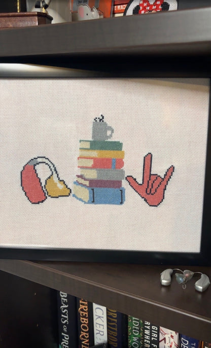 Hearing Aid, BookStack, and ASL "I Love You" Cross-stitch Pattern & Custom Stitching